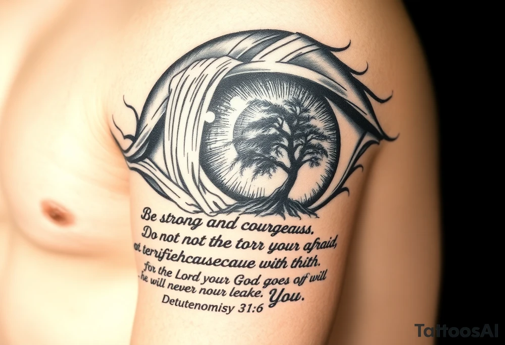 Realistic Eyeball with waterfall flowing out of it and under have a tree and under that have the verse Be strong and courageous. Do not be afraid or terrified
because of them, for the Lord your God goes with you; he will never leave you nor forsake you." Deuteronomy 31:6 tattoo idea