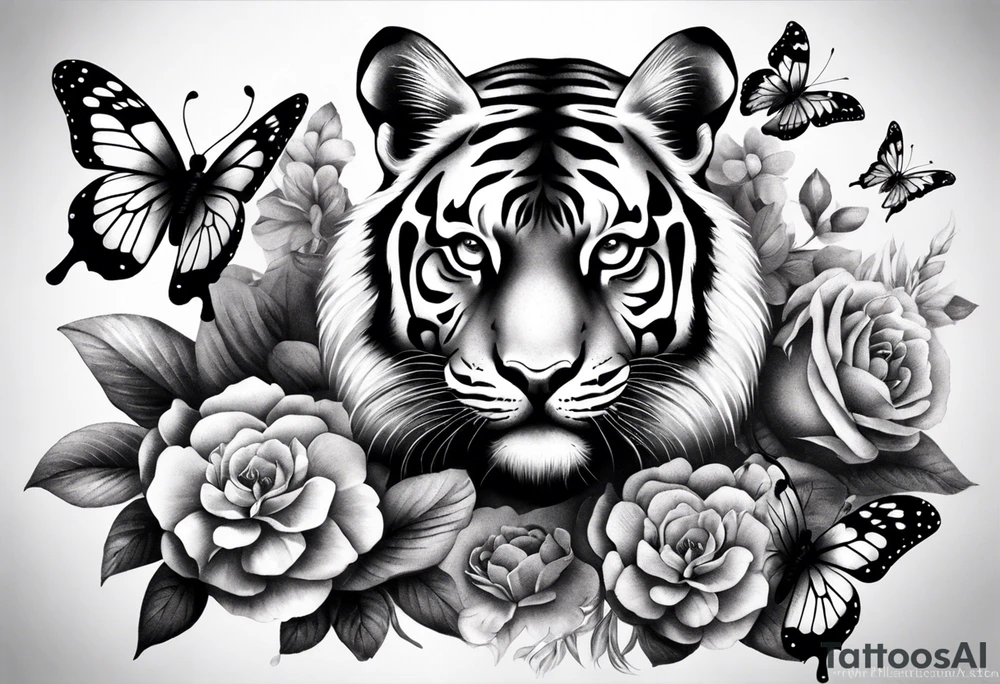 realistic full body tiger, 3 butterflies, flowers for ladies thigh / hip shaded tattoo idea