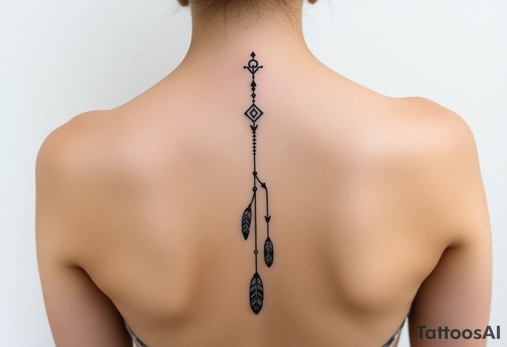Thin vertical memorial chain of symbols symbolizing loss, a brother and sister bond, and strength in a native ornament style following down the spine in with 3 vertical different lengths flowing lines made of a discreet connection of morse code ".--- .- --.     .-.. ... -.- .- .-.   -.. .. --.     .-.. .. .-.. .-.. . -... .-. --- .-. forming 3 arrow shapes connected to 3 flowing feathers hanging from the end of the morse code lines tattoo idea