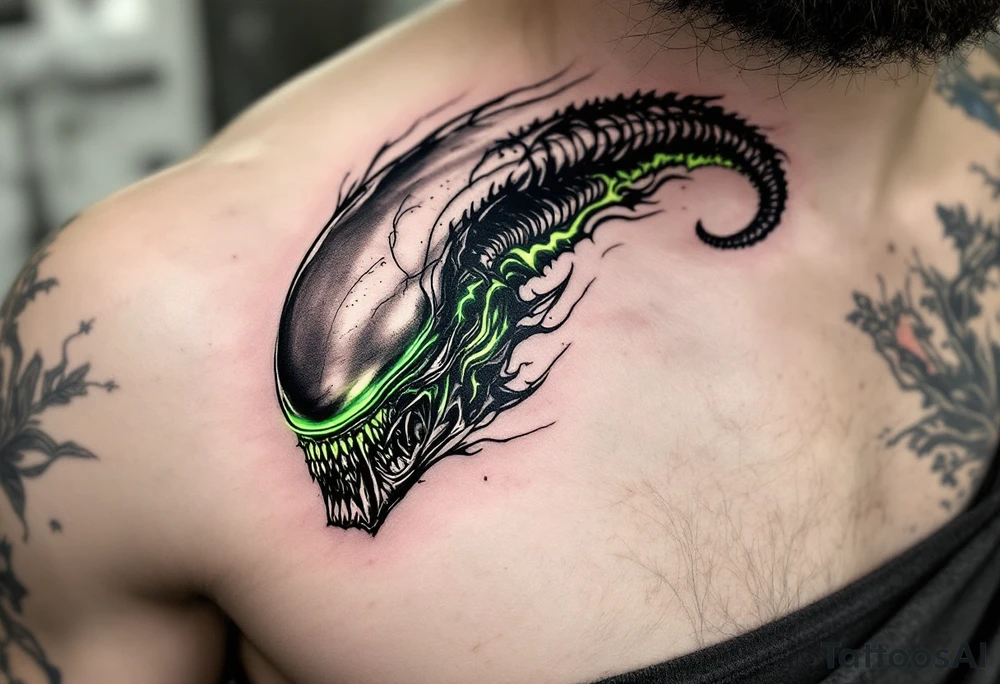 A Xenomorph’s elongated skull blending into abstract tribal patterns, using a dark palette with bright, bioluminescent accents in glowing green and yellow. tattoo idea