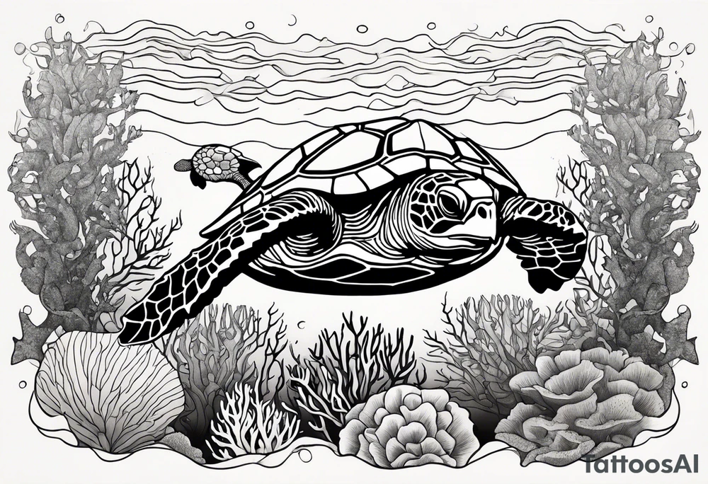 Sea turtle swimming through coral tattoo idea