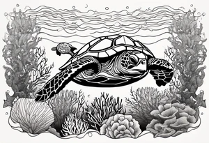 Sea turtle swimming through coral tattoo idea