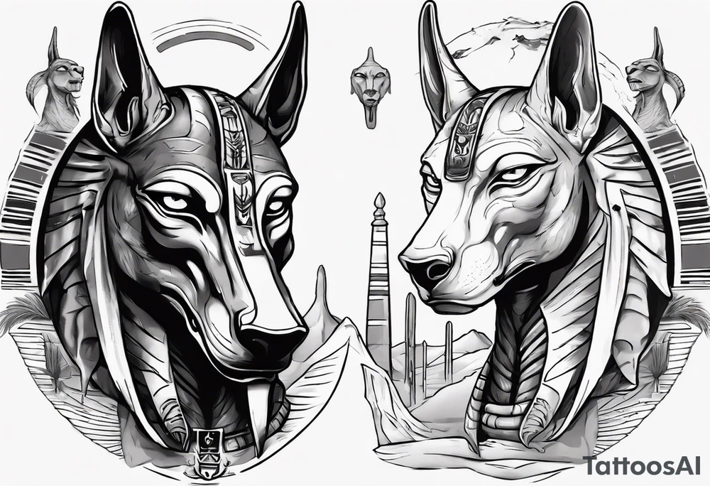 Egyptian god Anubis' head in desert with a cobra tattoo idea
