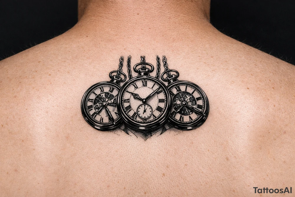 Cluster of three open pocket watches, suspended on chains. show on upper arm tattoo idea