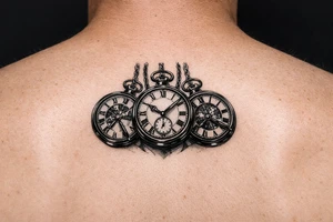 Cluster of three open pocket watches, suspended on chains.  show on upper arm tattoo idea