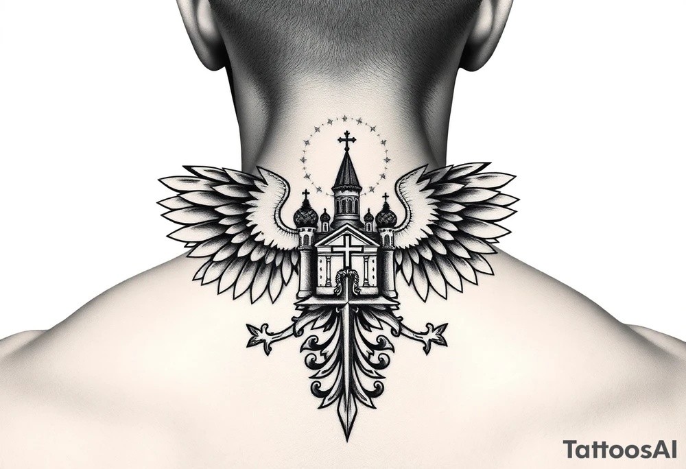 an actual russian coat of arms with the eagles wings spanning out on my back neck across my shoulders / traps with a orthodox christian church being visible in a mountainous sun beaming setting, with the russian orthodox cross spire of the orthodox church being visible on my neck with a sun beaming in the background that the cross sits inside tattoo idea