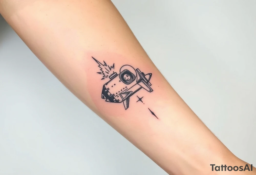 Busted Rocket ship with sparks coming out the back  with astronaut tattoo idea