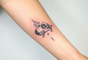 Busted Rocket ship with sparks coming out the back  with astronaut tattoo idea