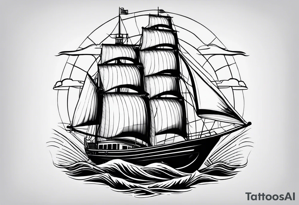 sailboat seen from the front. sail in the shape of a maritime lighthouse.phoenix drawn on the sail. tattoo idea
