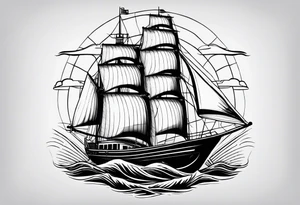 sailboat seen from the front. sail in the shape of a maritime lighthouse.phoenix drawn on the sail. tattoo idea