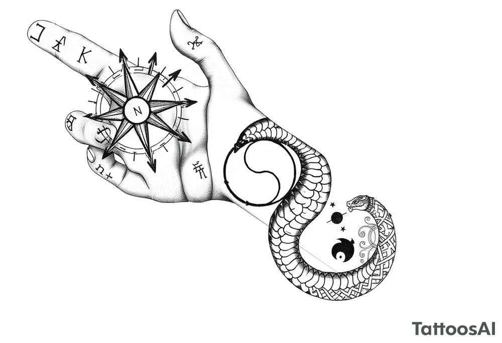 Blackwork tattoo from hand to elbow in a tribal, spiritual style. Vegvisir compass on the hand, carved in rough rune style, inside a radiant Thai sun disc. Each finger has a minimal rune: Tiwaz, Eiwaz, Algiz, Sowilo, Ansuz. A coiling serpent or dragon wraps the forearm — Japanese flow with a Viking beast head. Inside the coil is a Yin-Yang with a broken runic circle, tiny sun and moon inside. Vertical script on the inner forearm: either Bushidō (武士道) or Old Norse runes. Background includes Nordic knotwork, Thai swirls, Japanese waves. Hidden details: crossed swords, faint Hannya mask, sak yant diamonds. Bold black ink with rough, carved texture. tattoo idea