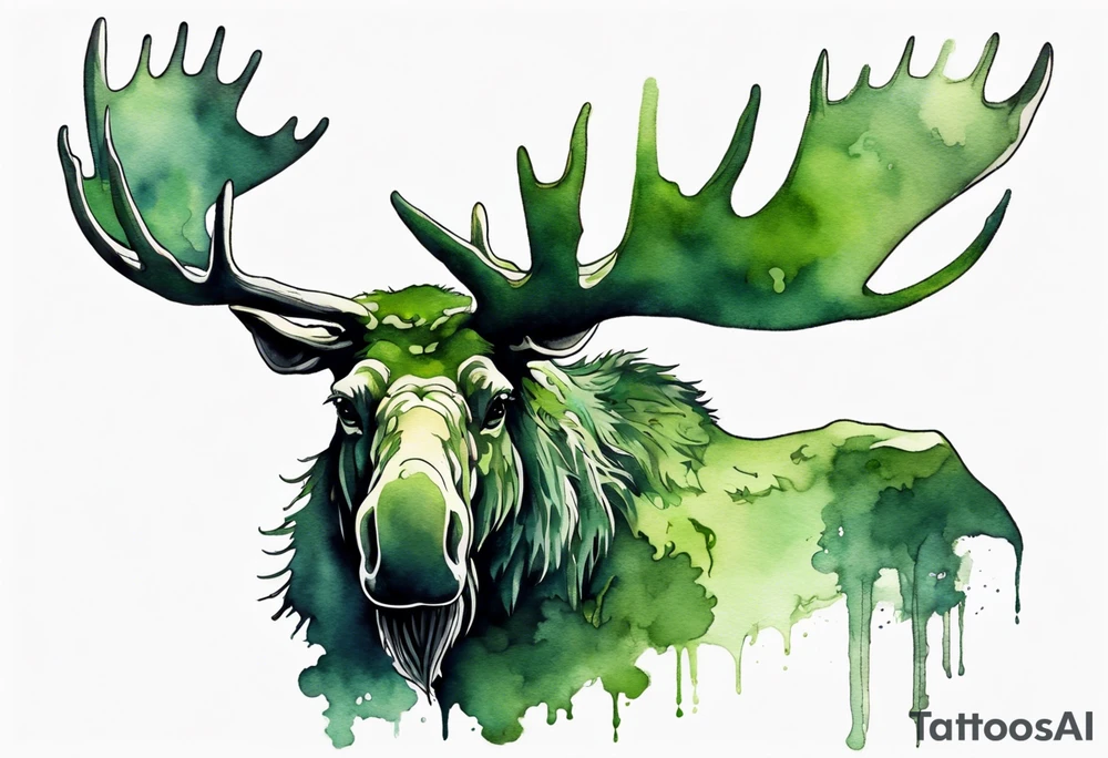 a giant green mossy moose with shadow beards perched on its antlers tattoo idea