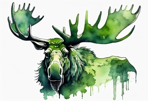 a giant green mossy moose with shadow beards perched on its antlers tattoo idea