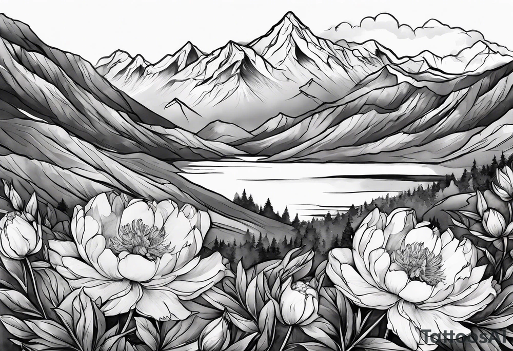 Mountains and peonies tattoo idea