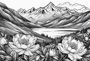 Mountains and peonies tattoo idea
