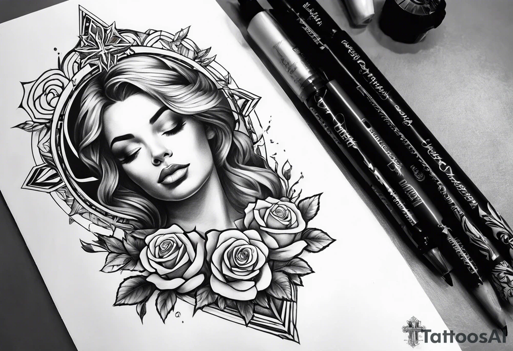 make a forearm sleeve that portraits a cross and mountains with roses tattoo idea