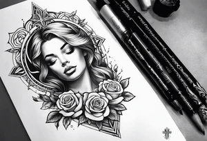 make a forearm sleeve that portraits a cross and mountains with roses tattoo idea