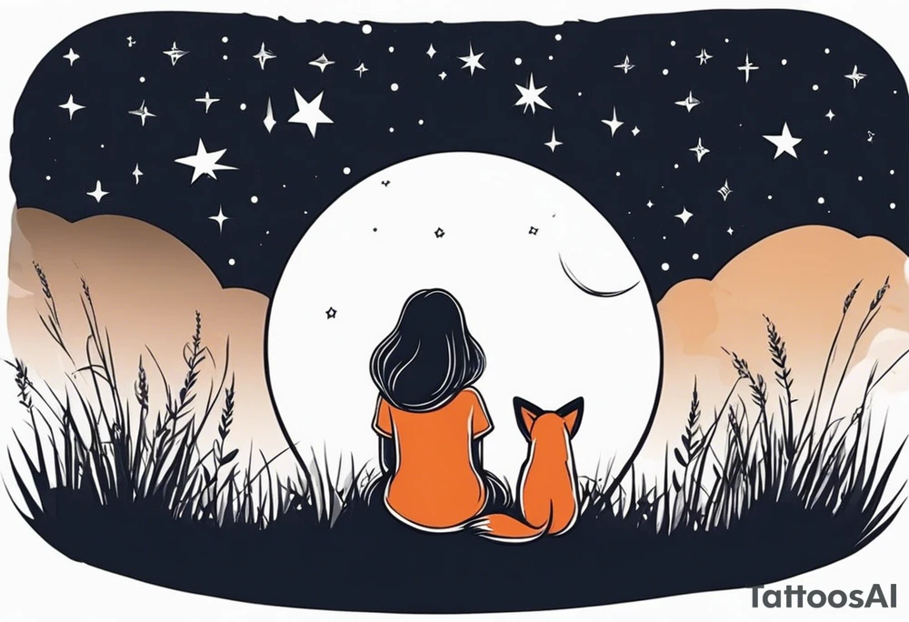 sitting from behind looking at the stars, a little girl and a fox sitting in the grass tattoo idea