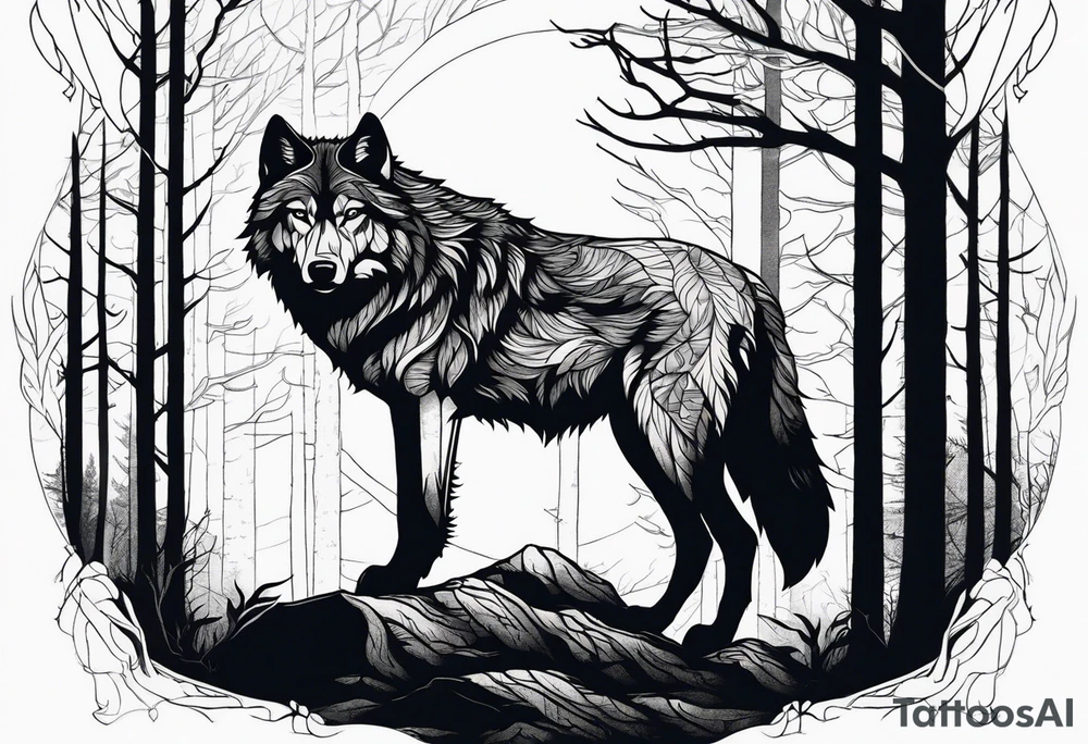 Detailed powerful Wolf in Front of a scary forest tattoo idea