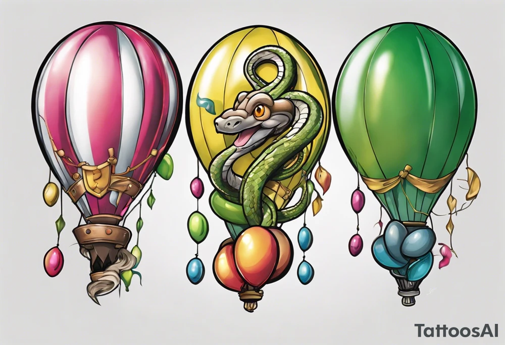 python regius with colored ballons from movie up! aside and a green gem on the other side tattoo idea