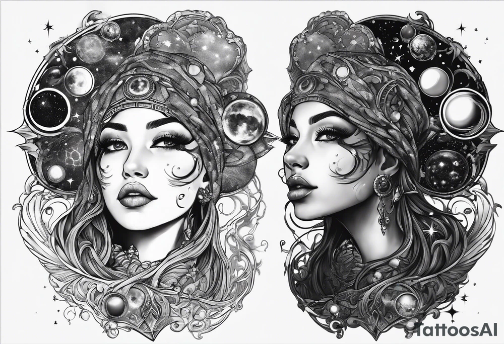 A tekno raver whose face is a mirror reflecting a cosmic scene with planets, black holes, and supernovae. tattoo idea