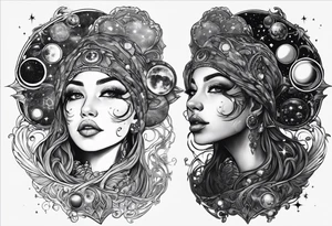 A tekno raver whose face is a mirror reflecting a cosmic scene with planets, black holes, and supernovae. tattoo idea