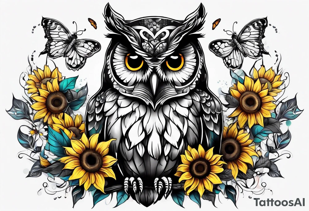 Small owl.with sunflowers and butterflies tattoo idea