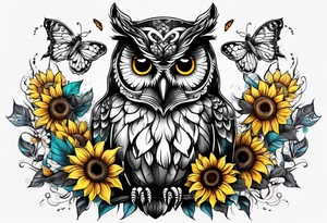 Small owl.with sunflowers and butterflies tattoo idea