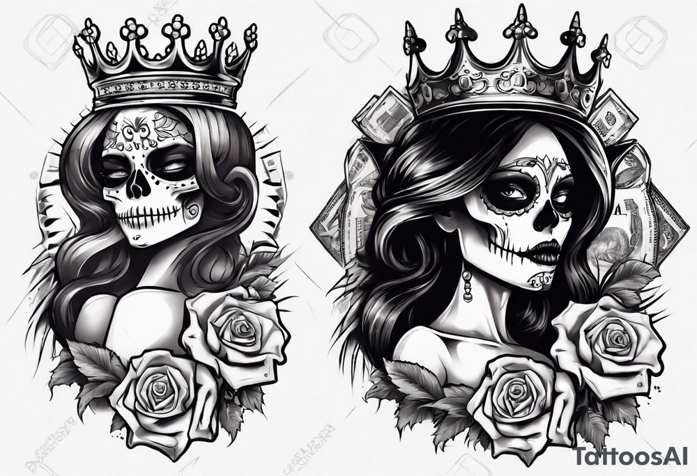 santa la muerta with money and crown
on the card tattoo idea