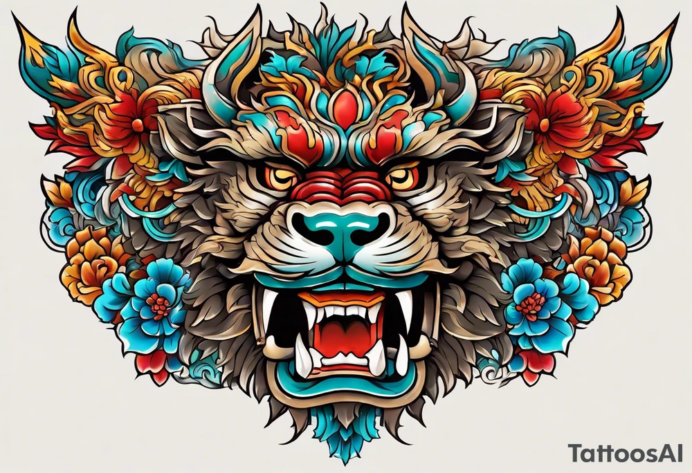 Two Traditional full body, Okinawa shisa on either side of chest pectoral. Orginal color tattoo idea