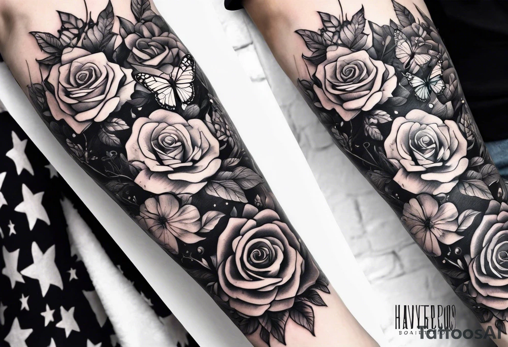 Forearm half sleeve with flowers & small butterflies (not roses) incorporating the names Harvey & Ruby with stars, books, fantasy & dragons themed tattoo idea