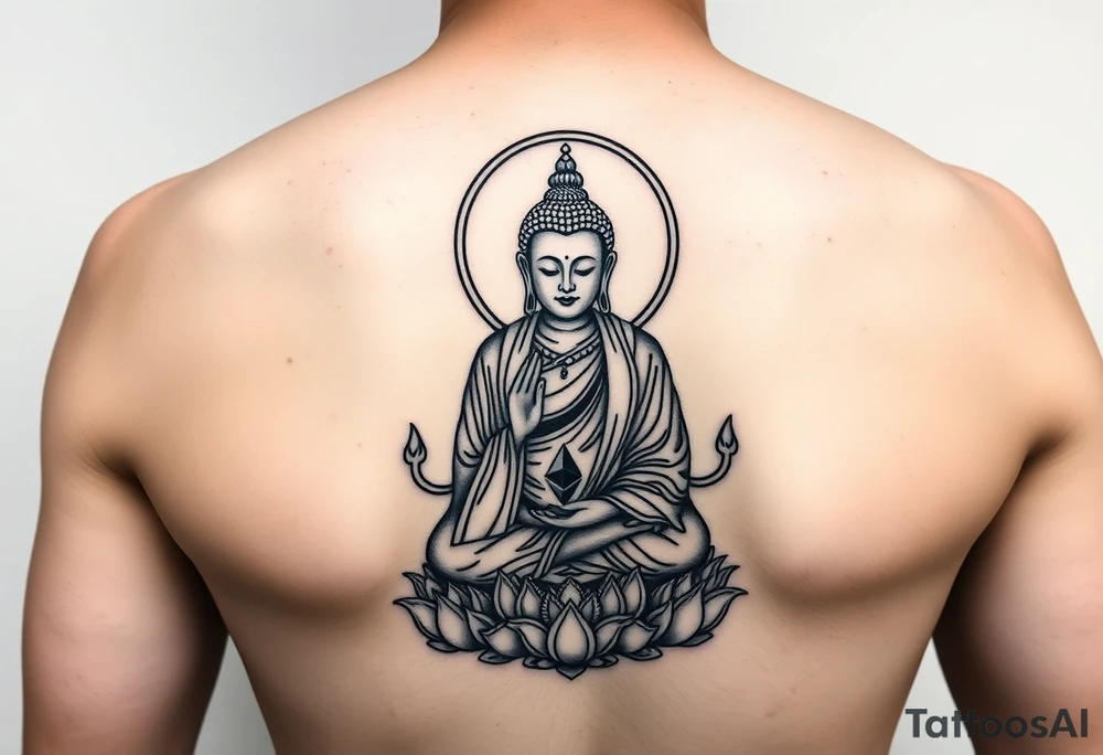 "Tibetan thangka tattoo with a crypto twist:  
1. Central figure is a Buddha with a QR-code face  
2. Halo replaced by Ethereum symbol (geometric)  
3. Lotus throne sits on server rack  

Style: Black ink, line art with dotwork shading. Size: 10x15cm (forearm/back). No background." tattoo idea