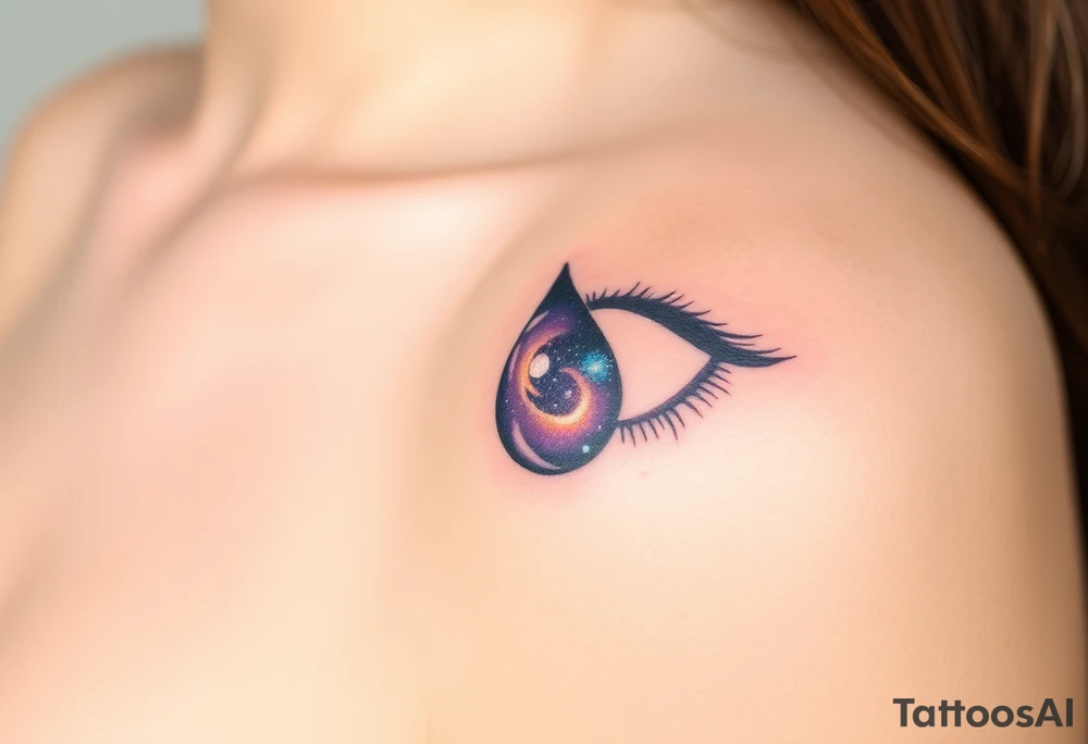 Teary eye with a teardrop with a galaxy swirling inside, in a gradient from violet to indigo tattoo idea