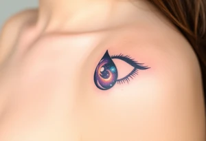 Teary eye with a teardrop with a galaxy swirling inside, in a gradient from violet to indigo tattoo idea