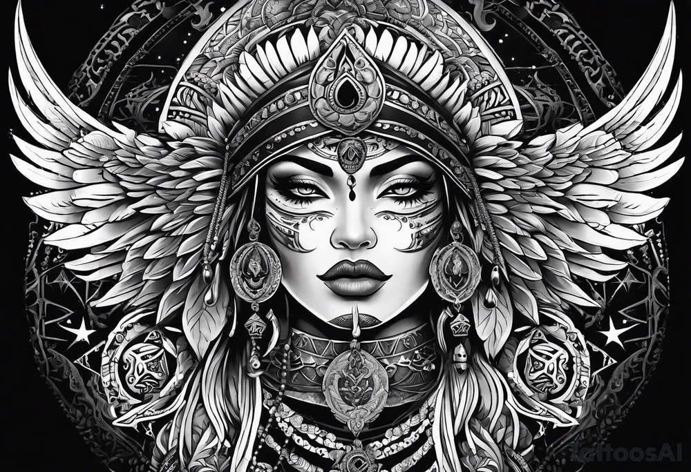 black kali, goddess pirate, alien, pachamama, valkrye, warrior, skull, lotus azul, wing, eagle, zenza resonance, stars, 5D, anahata chakra tattoo idea