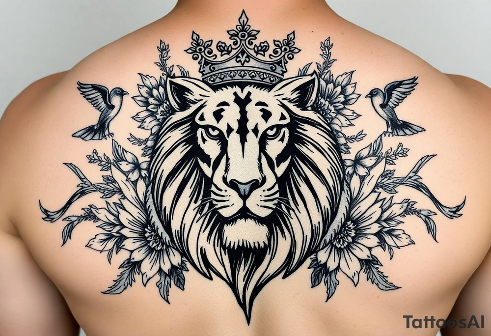 powerful majestic lion with a crown, surrounded by floral ornaments and birds tattoo idea