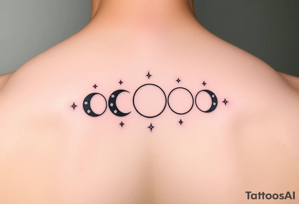 5 moon phases going vertical in this order waxing crescent, third quarter phase, full moon, first quarter phase, third quarter phase with the Capricorn constellation without connecting lines just the stars behind it tattoo idea