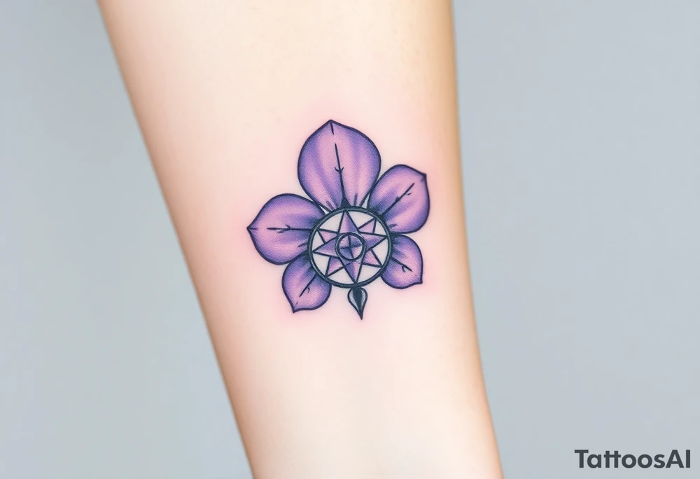 A single Violet with detailed compass at its center representing feminine power and an ankh or Celtic knot tattoo idea