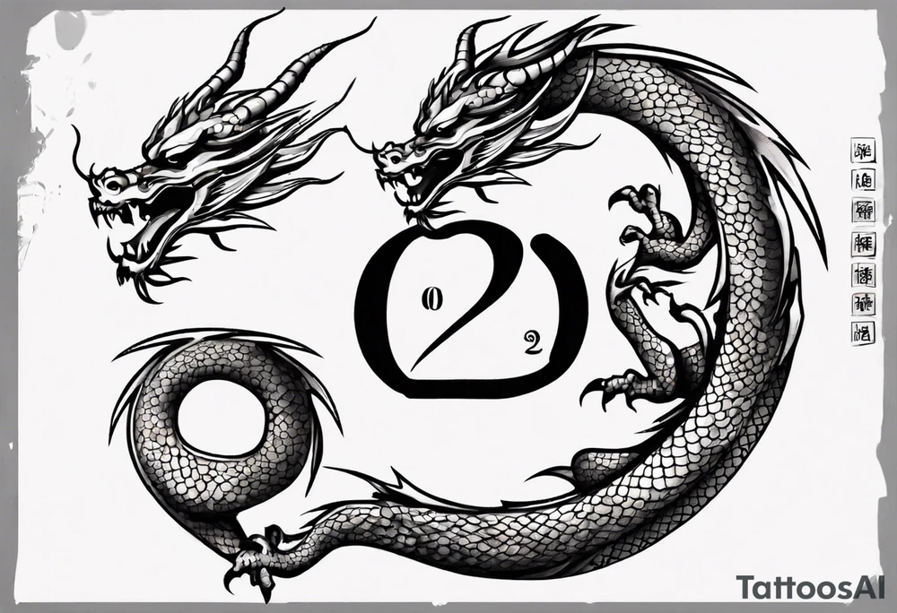 Chinese dragon in a circular shape with "02.03" written on its skin tattoo idea