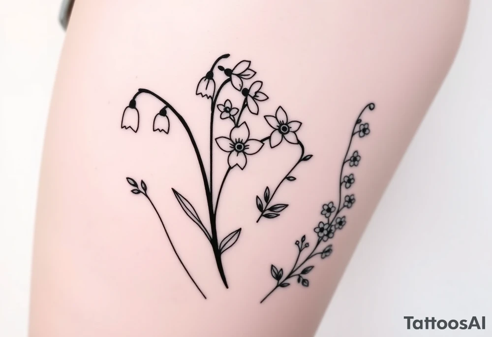 Simple small design in black bunch of flowers individual stems 1 lily of the valley 1 daffodil 1 holly vine 1 larkspur tattoo idea