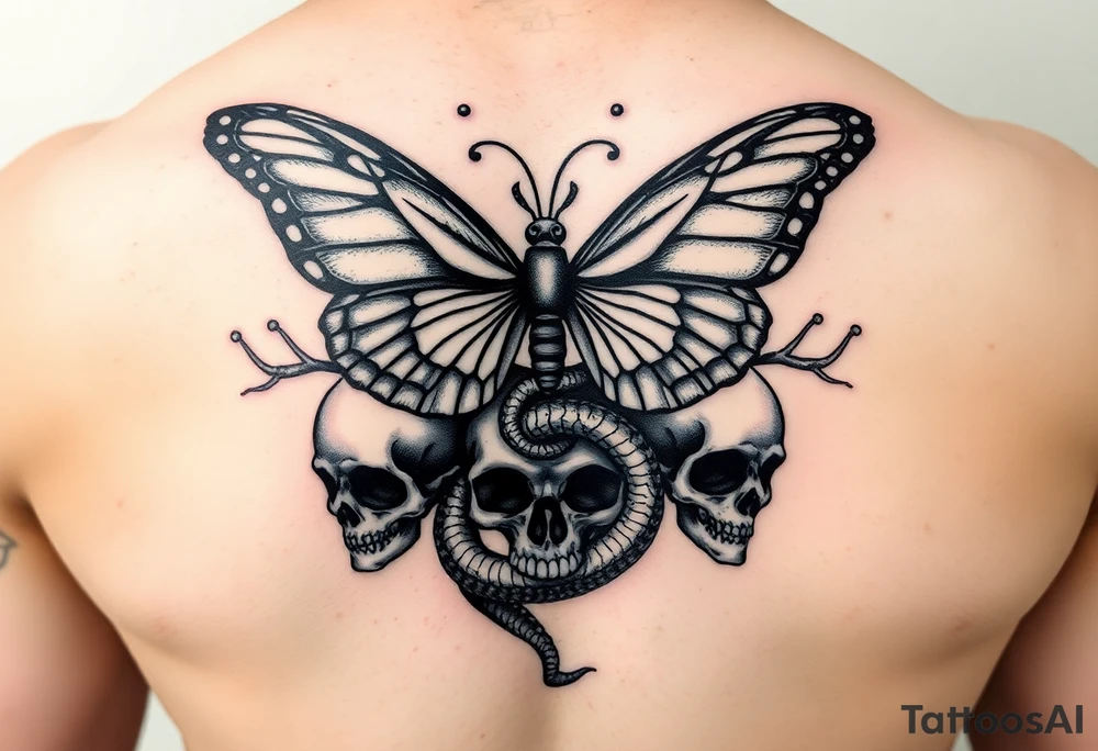 ethereal butterfly flowing around a serpent wrapped round skulls tattoo idea