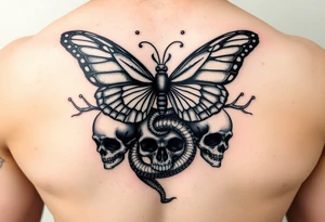 ethereal butterfly flowing around a serpent wrapped round skulls tattoo idea