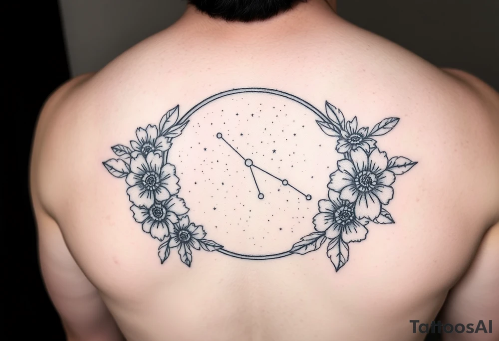Night sky with a constellation seen through a floral frame tattoo idea Night sky with a constellation seen through a floral frame tattoo idea