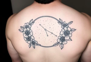 Night sky with a constellation seen through a floral frame tattoo idea