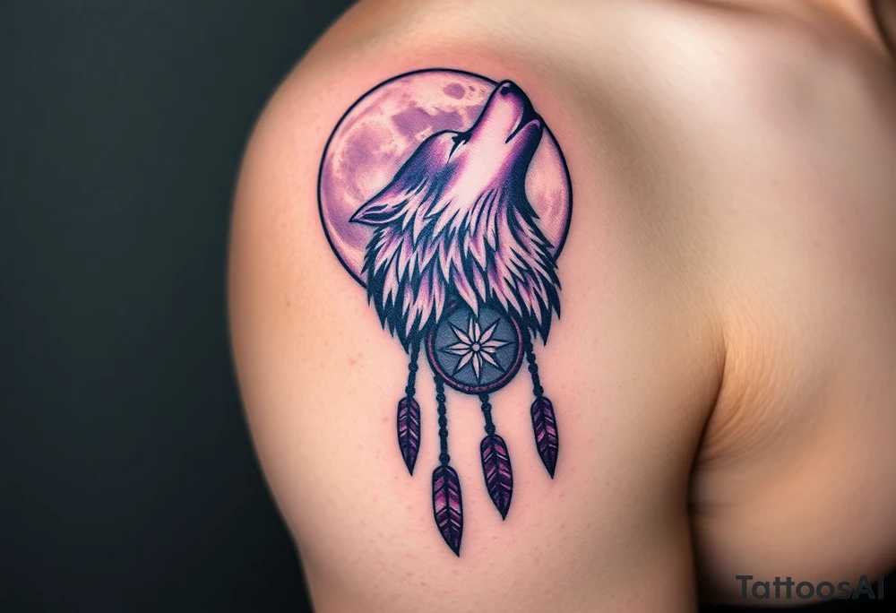 A full moon behind a wolf howling at the night sky, with dreamcatcher threads hanging below, colored in deep purples and silvery whites tattoo idea