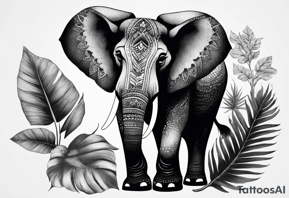 “A majestic elephant with its trunk raised, surrounded by tropical foliage, symbolizing memory and strength tattoo idea