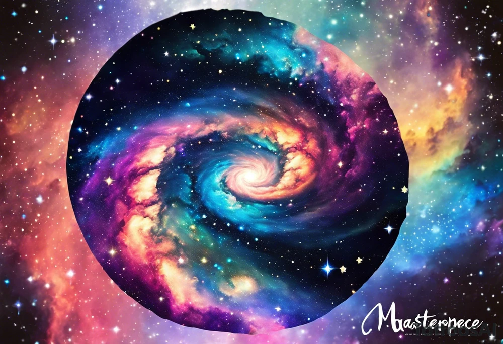 I want a spiral nebula space galaxy tattoo that's colorful and bright and cute and is nice to look at I don't want a traditional circle I want it like the ones thay look like an s shape and this tattoo will be on my left buttcheek and light colors I want more spread and less circle tattoo idea