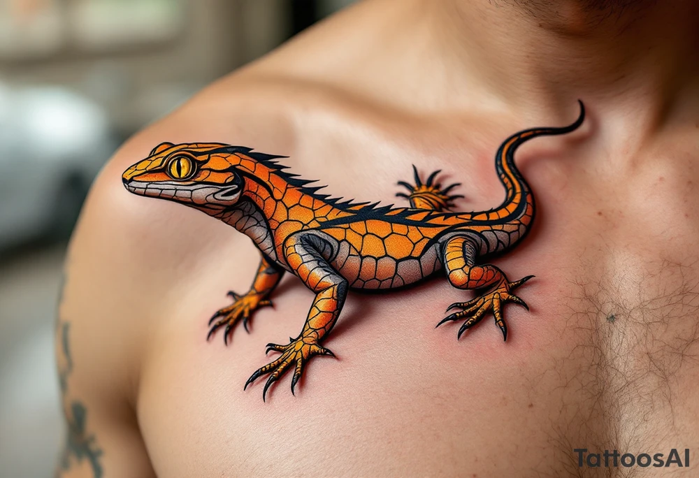 Tribal desert lizard with cracked earth texture – A sleek, agile lizard in motion, designed with tribal curves and sharp angles along its spine. Its skin mimics the pattern of sunbaked, cracked earth, blending tones of burnt orange, dusty brown, and charcoal black. The tail coils elegantly, forming a spiral, while the eyes gleam in golden yellow, symbolizing survival, transformation, and primal instincts. tattoo idea