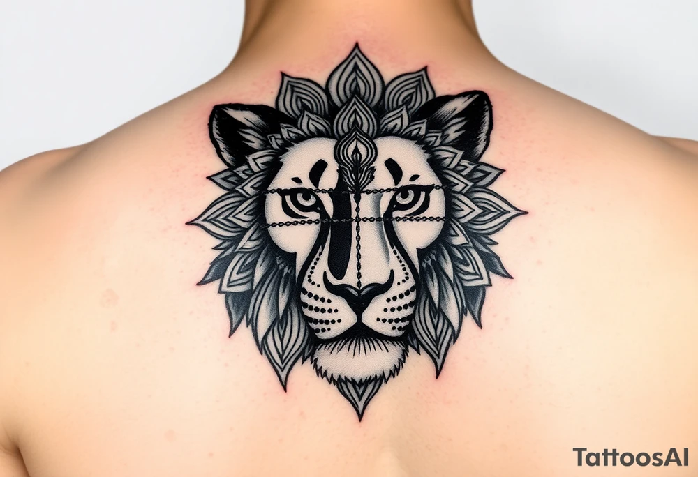 a female lion with no mane. A line going down the middle of her face and 1 side is a realistic lionses face, and the other half of the face is made up of mandalas tattoo idea