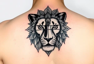 a female lion with no mane. A line going down the middle of her face and 1 side is a realistic lionses face, and the other half of the face is made up of mandalas tattoo idea